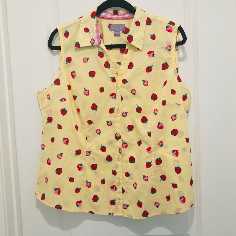 Laura Scott Strawberry Sleeveless Button Down Shirt
